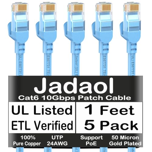Image of Jadaol [UL Listed Cat6 Ethernet Cable 1FT 5-Pack 10Gbps 24AWG, Blue | 3FT 5FT 10FT 15FT 20FT 25FT 30FT 35FT 50FT 60FT 75FT 100FT 150FT 200FT RJ45 LAN Patch Cable for Router, Modem, Switch, Gaming