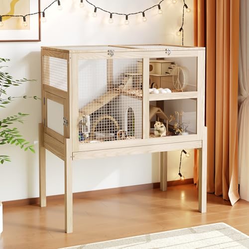 Timechee Guinea Pig Cages for 2, Small Animals Rabbit Cages with a Pull Out Tray, Large Indoor 2-Story Hamster House, Wooden Guinea Pig Hideout Habitat Playpen with Ramp, Platform, Natural