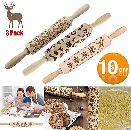 WAQIA Christmas Wooden 3D Rolling Pins,Embossing Natural Wood Carved Engraved Rolling Pin with Christmas Pattern for Baking Embossed Cookies,Rolling Pin Kitchen Tool