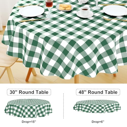 Image of misaya Round Waterproof Vinyl Table Cloth, Buffalo Flannel Backed Tablecloth, Wipeable Plastic Table Cover for Dinner, Kitchen, Picnic (60 inch, Emerald Green and White)