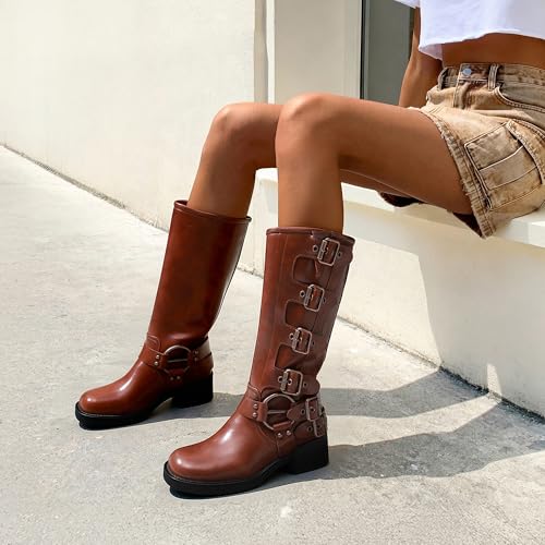 DREAM PAIRS Women's Knee High Biker Moto Boots,Brown,6.5 - image 4