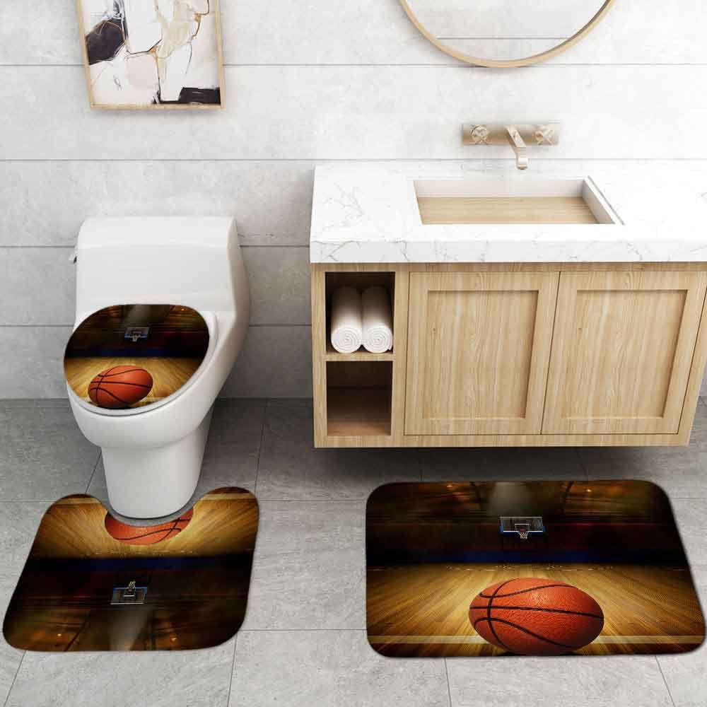 OLEBETY 4PCS Basketball Shower Curtain Sets with Rugs, Waterproof Fabric Shower Curtain, Sports Bathroom Decor, Non-Slip Bath mat Bathroom Rugs, Basketball Gifts for Boys Son Kids, Basketball Decor