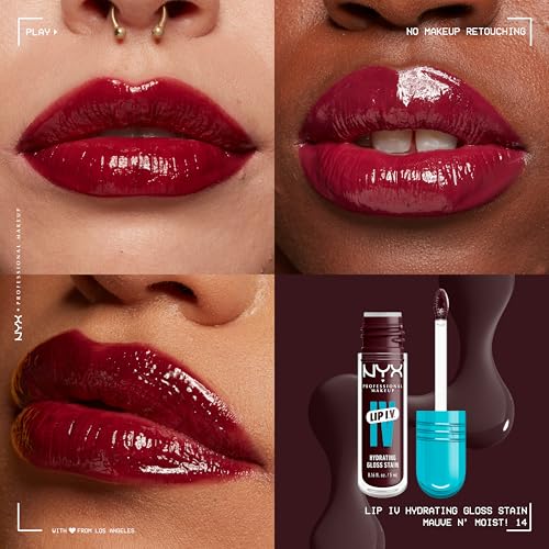 NYX Professional Makeup Lip IV, nawilżający błyszczyk z witaminami i wodą kokosową, nawilżenie do 12 godz., wysoka pigmentacja, wykończenie z mokrym połyskiem, odcień: brudny róż (Mauve N' Moist)