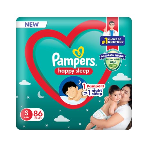 Image of Pampers Happy Sleep Pant Style Baby Diapers, Small (S), 86 Count, 1 Pampers = 1 Night Sleep, with Anti Rash Shield, 4-8 Kg Diapers