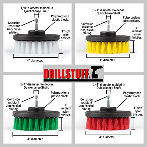 Image of Drill Brush Attachment Power Scrubber Brush Set - 4in 4 Piece Soft, Medium and Stiff Power Scrubbing Brushes Drill Attachment - Spin Brushes for Cleaning Showers, Tubs, Bathroom, Tile, Grout, Carpet