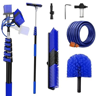 26FT Reach Solar Panel Cleaning Brush Kit with 5-20FT Telescoping Pole, 33FT Hose, 20" Water Fed Brush, Soap Dispenser, Cobweb Duster, Squeegee & High Ceiling Duster for Roof, RV, Gutter, Boat, Deck