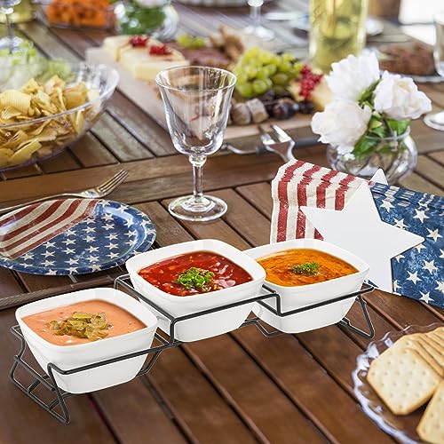 ZENFUN 10 oz Square Bowl Chip & Dip Serving Set, Pocelain Ramekin Bowls with Metal Rack Stand, White Small Serving Dishes, Condiment Serving Tray for Entertaining, Party, Buffets - Image 4