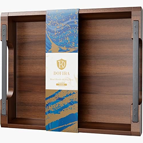 Acacia Wood Serving Tray with Metal Handle, 17x13in Tray for Ottoman