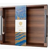 Acacia Wood Serving Tray with Metal Handles, 17x13in, Rustic Decorative Kitchen Gift