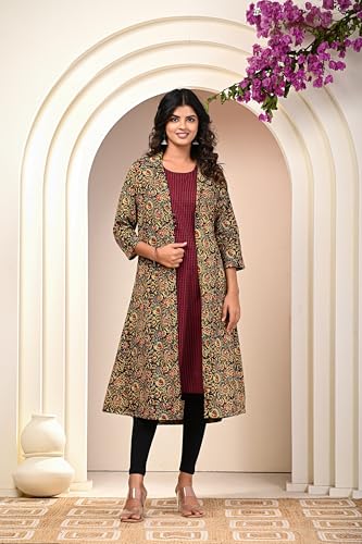 Image of KANNAHI Women Pure Cotton Printed Straight Calf Length Regular Jaipuri Kurta and Shrug Set with Floral Print for Womens & Girls Grey