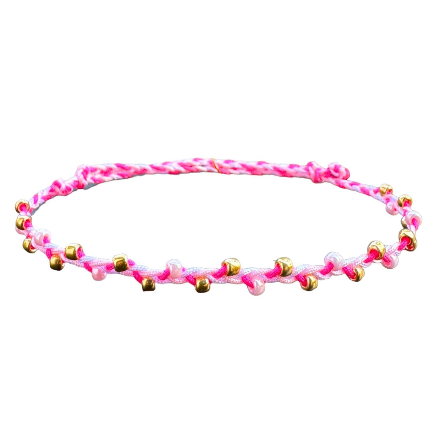happymaker - Fussketten für Frauen wasserfest, Fußkettchen Perlen, geflochtene Fussbänder in neon pink und rosa, größenverstellbares Stoffband, Sommer Schmuck und Festival Outfit Damen Boho