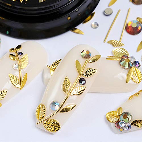3D Metal Nail Art Charm Decoration Accessories Holographic Nail Art Gold Line Leaf Gems Sparkle Shape Design Decals Diy Nail Jewelry Accessories For Women Girl Nails Acrylic Design Supplies #TOP1