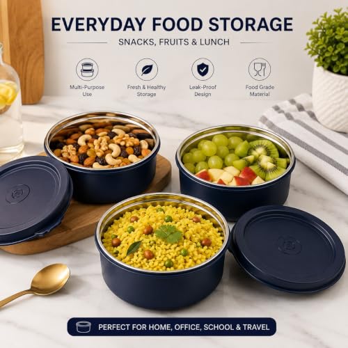 Image of Stainless Steel Food Storage Container Set 400 ml | Microwave Safe & Dishwasher Safe Lunch Bowl with Airtight Lid | Leak-Resistant Steel Container for Kitchen, Office & Travel (dark blue, set of 3)