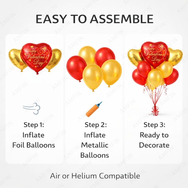Image of AMFIN (Pack of 9) Happy Valentine's Day Balloon Decoration Set | Romantic Heart Foil Bouquet Metallic Helium Bunch Proposal Anniversary Celebration Party Decor - Red Mehroon