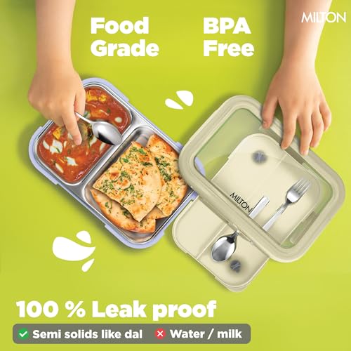 Image of MILTON Ethan 2 Inner Stainless Steel Tiffin Box for School, 2 Partition, Steam Release Plug | PU Insulated, Leak-Proof, Food Grade I Lunch Box for Kids Boys, Girls with Snap Lock Lid, 650 ml, Beige
