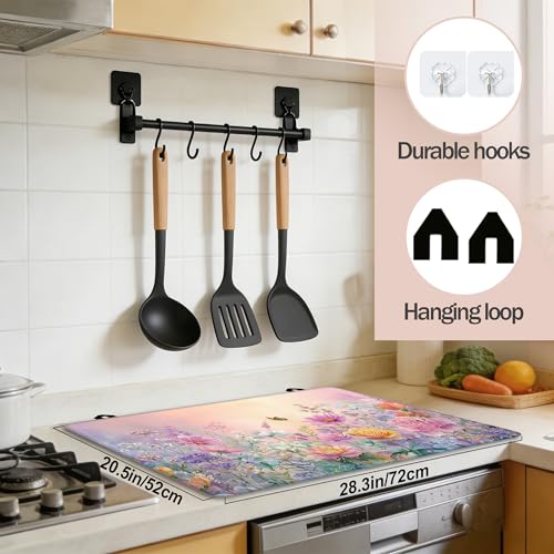 Image of Spring Wildflowers Butterflies Stove Cover for Electric and Glass Stove Tops 3-in-1 Stove Mat, Heat Resistant Counter Protector Mat, Non-Slip Surface & Drying Rack, 28.5 inchLx20.5 inchW