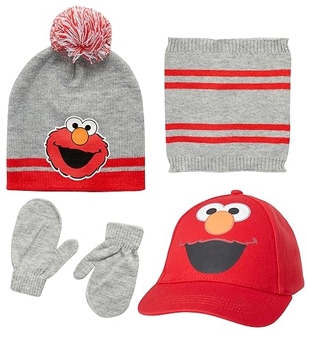 Sesame Street Boys' Elmo Accessories Set-4 Piece Winter Beanie Hat, Neck Gaiter Scarf, Mittens, and Baseball Cap (2T-4T), Size 2T-4T, Grey/Red Elmo