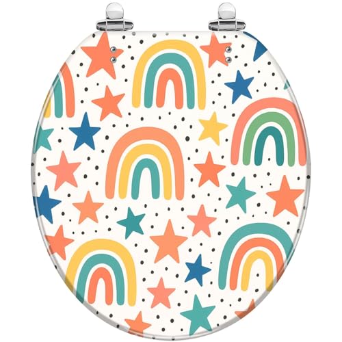 Round Toilet Seat Seamless cute pattern for kids children Rainbow stars Scandinavian Resin Toilet Seat Quietly Close Quick Release Hinges with Cover Bumpers Decorative Easy to Install Clean