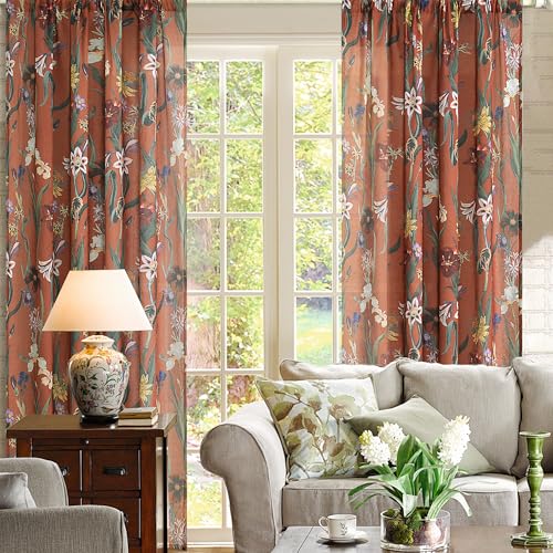 Image of Schweek Terracotta Boho Curtains 63 Inch Long 2 Panels Drapes for Kitchen | Burnt Orange Vintage Floral Printed Curtains,Semi Sheer Linen Farmhouse Drapes for Living Room Dining Room Bedroom 52 inchx 63 inch