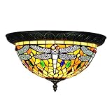 Makenier Vintage Tiffany Style Dragonfly Handcrafted Stained Glass Flush Mount Ceiling Light Fixture