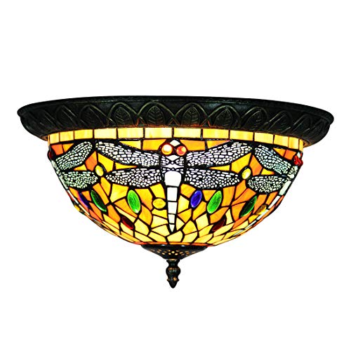 Makenier Vintage Tiffany Style Dragonfly Handcrafted Stained Glass Flush Mount Ceiling Light Fixture For Dinner Room Living Room Bedroom Corridor (Red Dragonfly) #TOP20