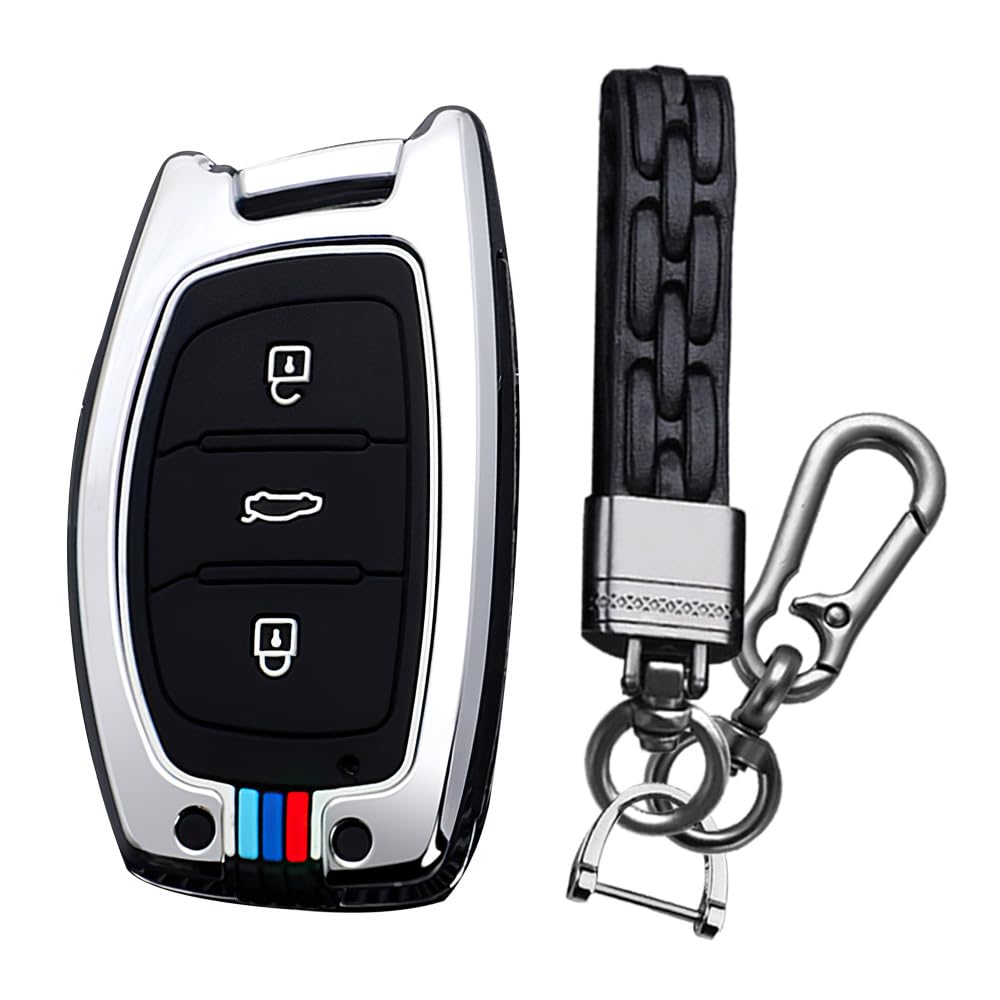 KUNIO Custodia TPU Per Chiave Auto Hyundai: Protezione Morbida Con Bordo Argentato – Adatta Per I30, Ix35, I10, Kona, Tucson, Santa Fe E Molti Altri (3 Tasti, Bianco)