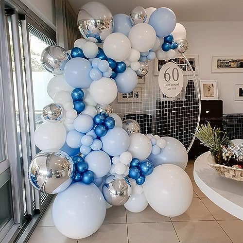 Jobkoo Blue White Balloon Arch Kit Baby Blue White Silver Balloon Garland 4D Silver Foil Balloons Pastel Light Blue Silver Latex Balloons Christening Boy Birthday Baby Shower Party Decorations QQ-113 by Jobkoo - Used condition - Image 5