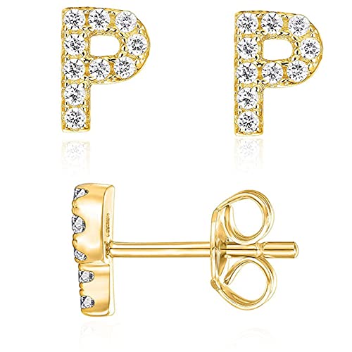 Image of Initial Stud Earrings for Girls 18K Gold Plated CZ Simulated Diamond Stud Earrings Hypoallergenic Earrings for Women (P)