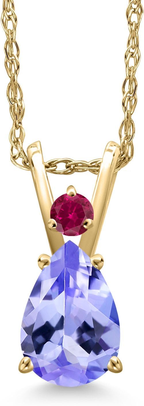 Gem Stone King 14K Yellow Gold Blue Tanzanite and Red Created Ruby Pendant Necklace for Women | 0.68 Cttw | Gemstone December Birthstone | Pear Shape 7X5MM | With 18 Inch Chain