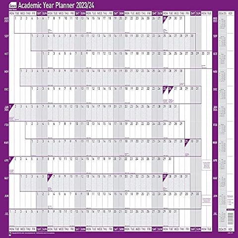 Sasco 2023/24 Academic Year Wall Planner with wet wipe pen & sticker pack, Purple, Board Mounted, 915mmW x 610mmH. 2410202 Cover