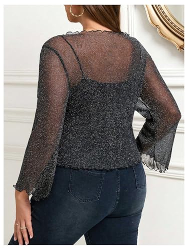 OYOANGLE Women's Plus Size Glitter Long Sleeve Sheer Tie Front Cardigans Party Lightweight Bolero Shrug2
