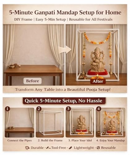 Image of SAUDEEP INDIA 54cm Ganpati Mandap for Ganesh Chaturthi Idol Home Decor | Ganesh Murti Sthapana Stand | DIY Pooja Pandal Backdrop Frame Setup | Home Temple Ganpati Bappa Idol Platform