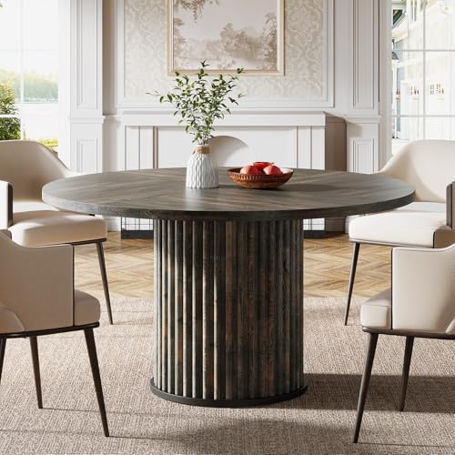 Image of Tribesigns 47.24-Inch Round Dining Table for 4-6 People, Modern Fluted MDF + Metal Base Kitchen Table, Sturdy Circle Dining Room Furniture, Black Brown