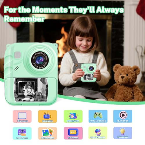 Image of Instant Print Camera for Kids, 1080P Video Camera with 3 Print Rolls | 32GB Card & Cute Cover, Gift for Girls Boys Age 3-12, Toddler Digital Camera with Games, Filters, Music - Green