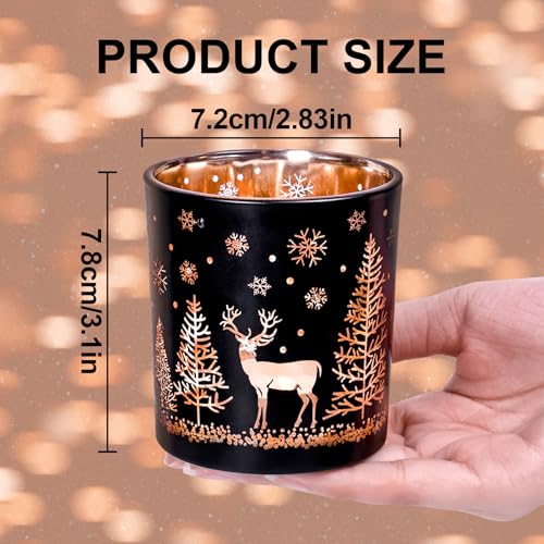 Toptime Votive Candle Holders, Black and Gold Glass Tealight Candle Holder Set of 3, Christmas Candle Holder with Elk, Xmax Tree, Snowflake Pattern, Table Canterpieces for New Year Party Decor