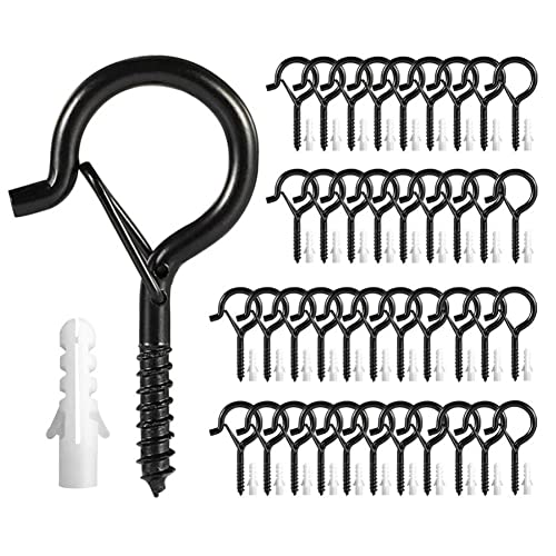 esowemsn 20PCS Sheep Eye Circle Hook Black Iron Ceiling Hook Self-Tapping Hook Windproof Screw Hook with Buckle for Hanging Plants,Outdoor String Lights,Wall Hangers,Light Hangers