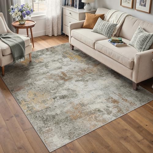 PureCozy Kurzflor Abstrakte Teppich 120x180cm Moderner Wohnzimmer Teppich Waschbarer rutschfeste Minimalistische Bodenmatte Teppiche Orange-Grau für Wohnzimmer Schlafzimmer Büro Bereich Deko