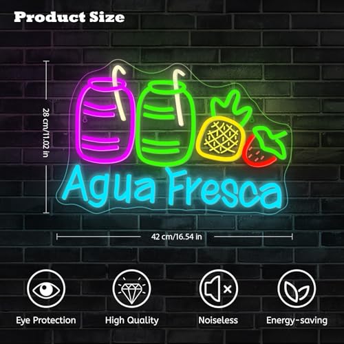Image of Agua Fresca Neon Signs for Wall Decor Dimmable Colorful LED Light with Fruits and Straw USB Powered Fun Signs for Latin Restaurants Store Food Stalls Cafes Bars Kitchens
