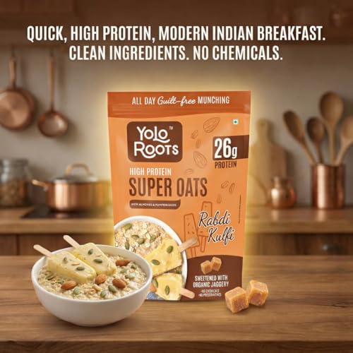 Image of Yolo Roots 26g High Protein Super Oats 1 Kg Real Rabdi Kulfi Flavour with Plant-Based Protein & Organic Jaggery No Refined Sugar High Fibre Breakfast Oats with Seeds & Raisins (Protein Super Oats)
