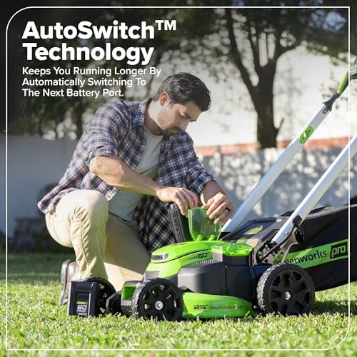 Image of Greenworks 60V 25 inch (Self-Propelled) Lawn Mower + 16 inch String Trimmer + Leaf Blower, (2) 4.0Ah, (2) 2.5Ah Batteries, Dual Port Rapid Charger, (2) Rapid Chargers