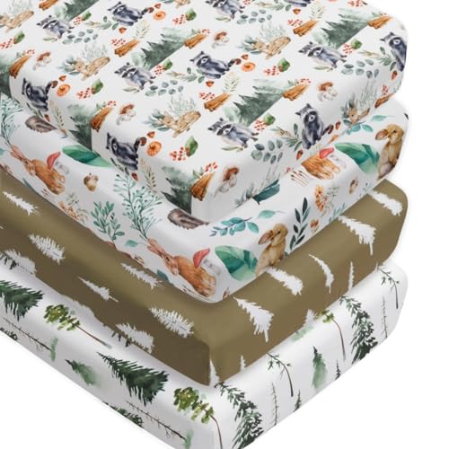 Image of 4 Pack Woodland Forest Animals Wood Neutral Unisex Fitted Baby Crib Sheets Set for Baby Boys or Girls (Raccoon, 52 * 28)