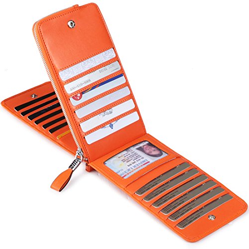 Huztencor Women's Credit Card Holder Rfid Blocking Leather Multi Card Organizer Wallet Slim Long Zipper Bi-Fold Business Card Case Clutch Wallet With Id Window Orange (Fba) #TOP1