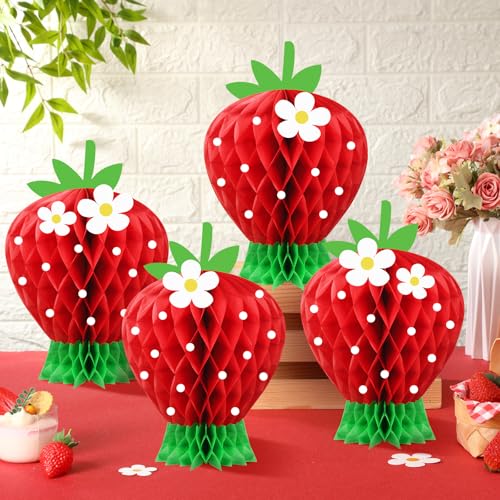 Image of Amyhill 4 Pcs Strawberry Party Decorations Large Strawberry Honeycomb Centerpieces 3D Berry First Table Decor Fruits Paper Honeycomb Decorations for Birthday Summer Shower Party Favor(Red)