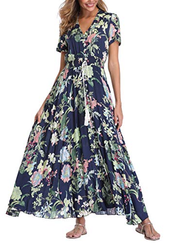 VOGMATE Boho Kleid Damen Lange V-Ausschnitt Kurzarm Blumen Maxikleider Damen Sommer Strandkleid Sommerkleid Herbstkleid Partykleid Blumenkleid Elegant...