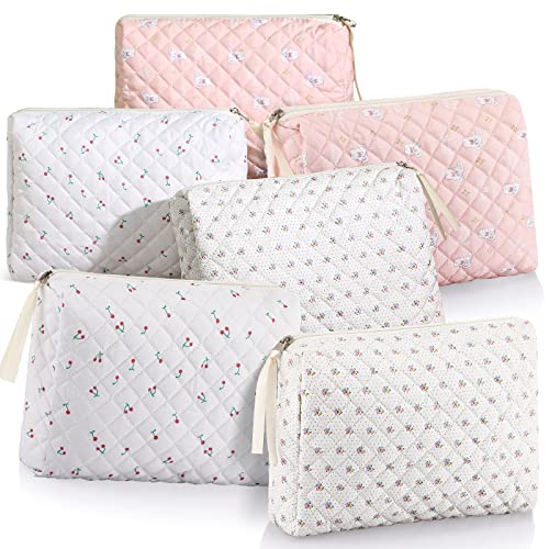 Sweetude 6 Pcs Quilted Makeup Bag Cotton Cosmetic Bag Cute Flower Aesthetic Large Floral Makeup Pouch Coquette Travel Toiletry Kawaii Stuff supplies for Women Girls