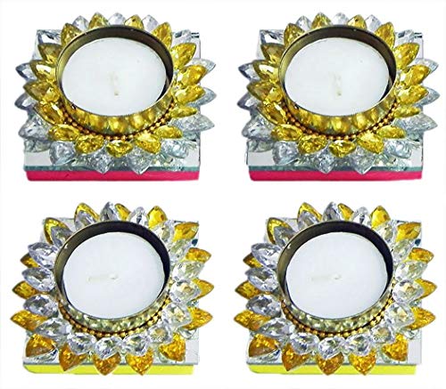 DollsofIndia Yellow and White Glass Stone Decorated 4 Floating Wax Candles - Dia - 3 inches (IV44)