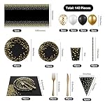 Black and Gold Party Supplies - Party Dinnerware - Black Paper Plates Napkins Cups, Gold Plastic Forks Knives Spoon for Halloween, Graduation, Birthday, Cocktail Party，New Year Eve 16 Set - Image 2