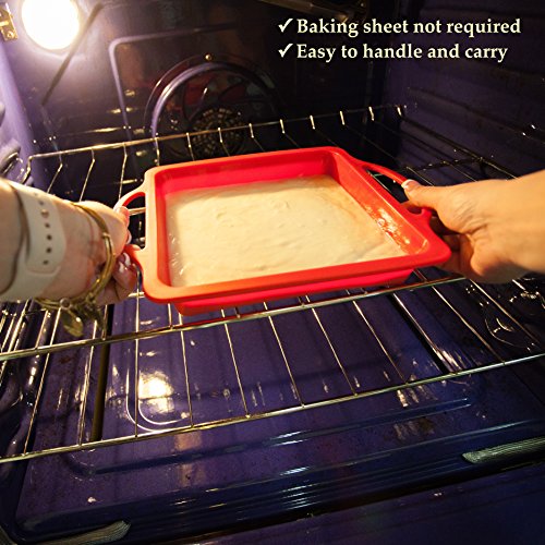 Bake Boss Nonstick Sturdy Handle Square Brownie Cake Baking Pan 8 Inch - Patented Metal Reinforced Silicone Pans - 8X8 Inches Non Stick Caramel Brownies Tray Bpa Free Cakes Mold - Dishwasher Safe #TOP3