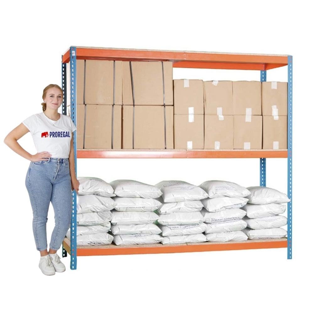 PROREGAL Schwerlastregal Wood Beast Three | HxBxT 200x180x60cm | Fachlast 600kg | Blau-Orange | Werkstattregal Lagerregal Palettenregal