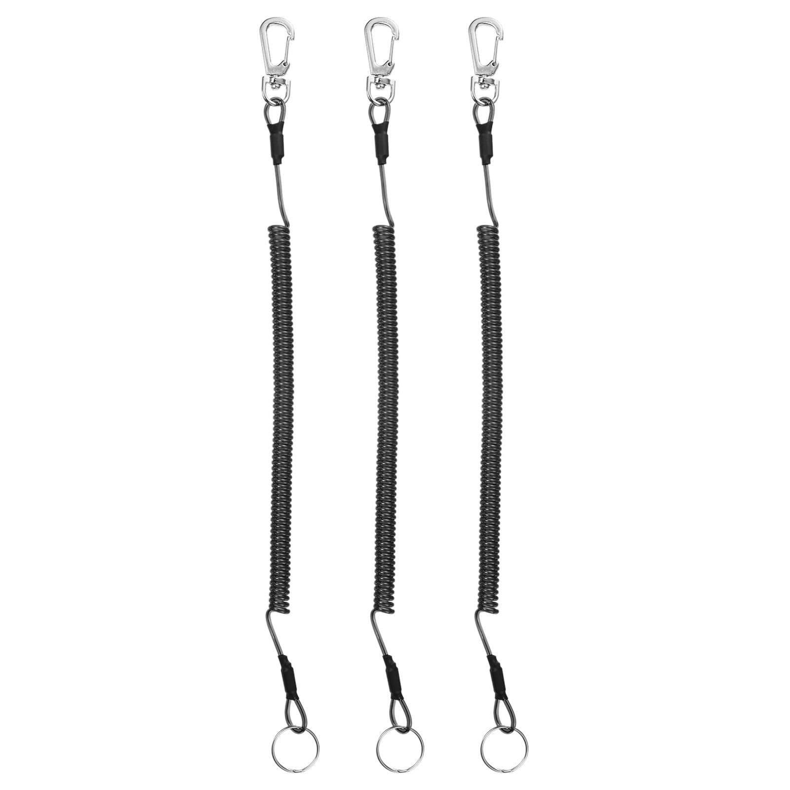 TIXIPEM 11.81IN Retractable Safety Coiled Lanyard [3PCS] - Steel Wire Fishing Rod Safety Lanyard with Zinc Alloy Lobster Clasp Use for Pliers Boating & Kayak Fishing - [Black]